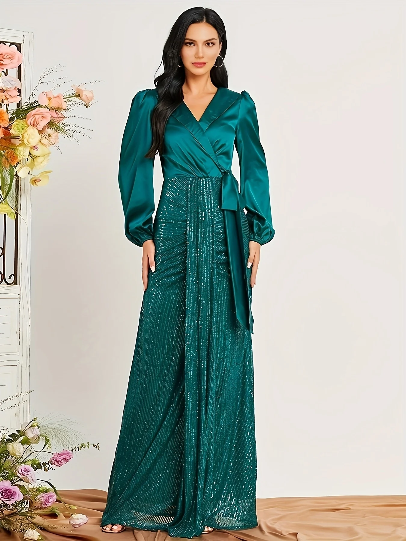 Surplice Neck Maxi Dress, Elegant Long Sleeve Party Dress, Women's Clothing - Deanwangkt