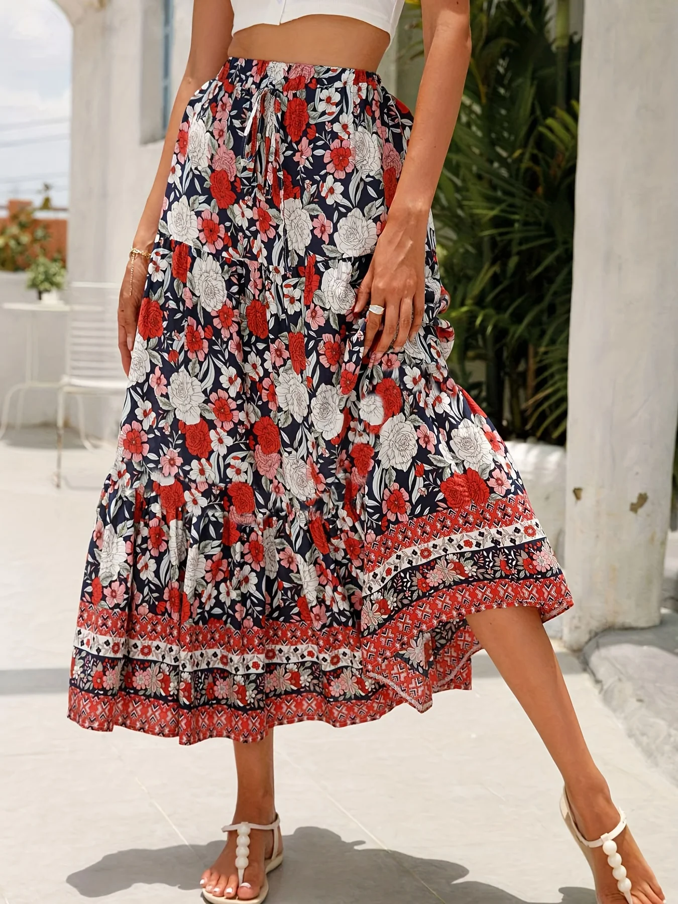 deanwangkt-1 Floral Print Drawstring Skirt, Boho Skirt For Spring & Summer, Women's Clothing - Deanwangkt