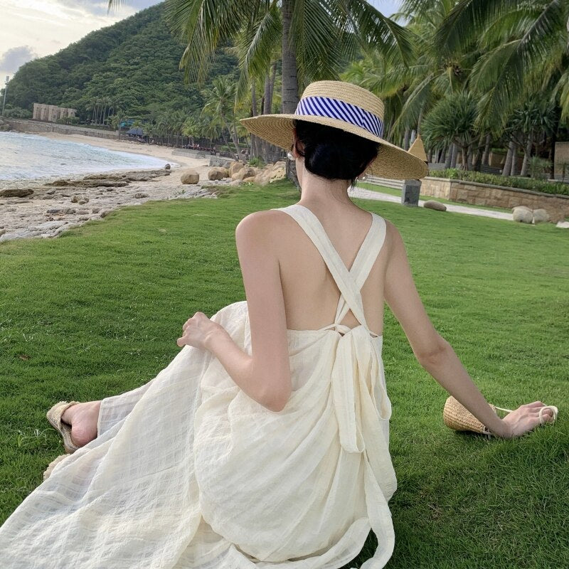 deanwangkt Summer Midi Apricot Slim Square Collar Sleeveless Bandage Slip Dress For Women Elegant Pleated High Waist A-line Party Dresses - Deanwangkt