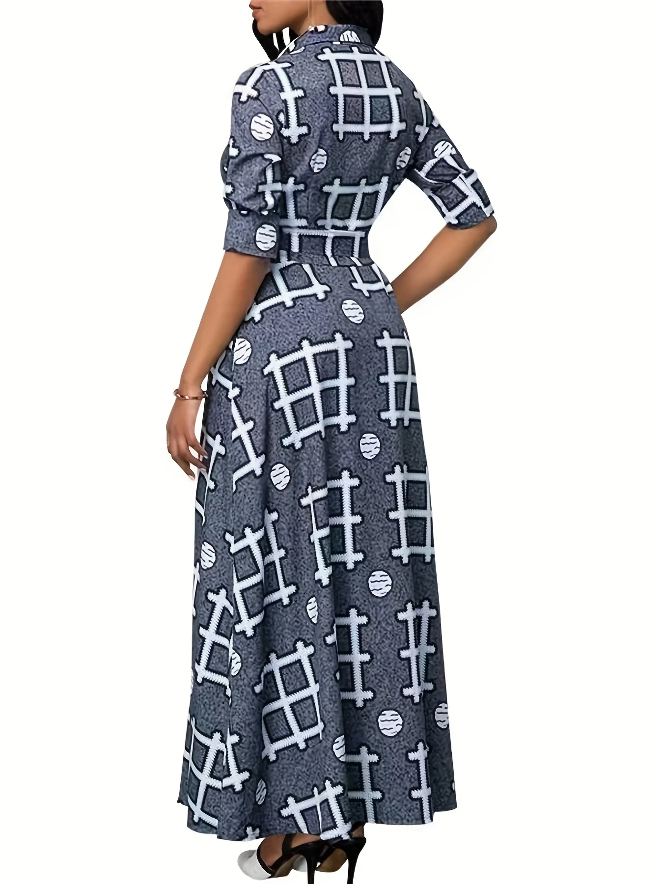 Plus Size Casual Dress, Women's Plus Geometric Print Button Up Long Sleeve Turn Down Collar Maxi Shirt Dress With Pockets - Deanwangkt