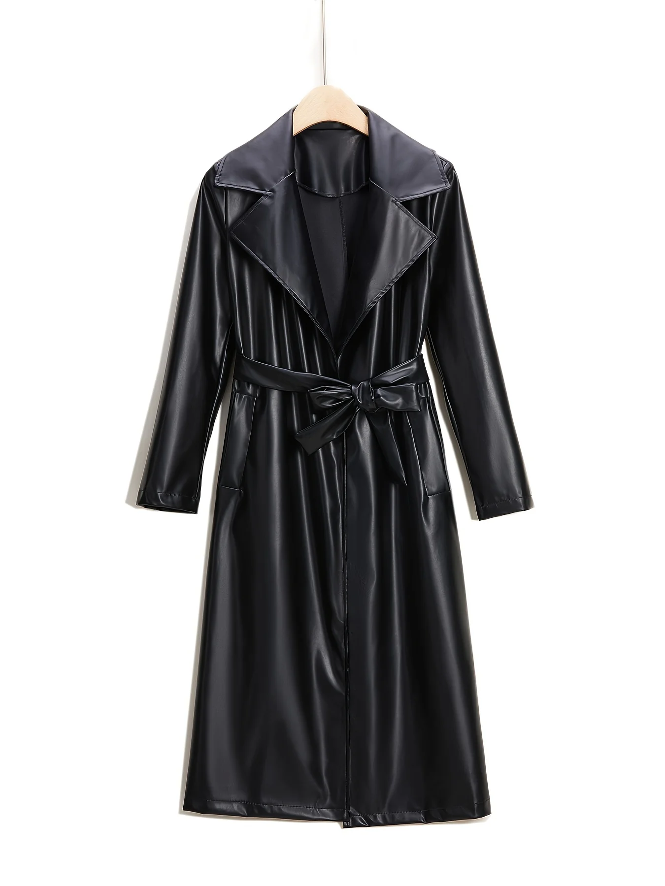 Longline Faux Leather Coat, Elegant Black Lapel Belted Coat For Fall & Winter, Women's Clothing - Deanwangkt
