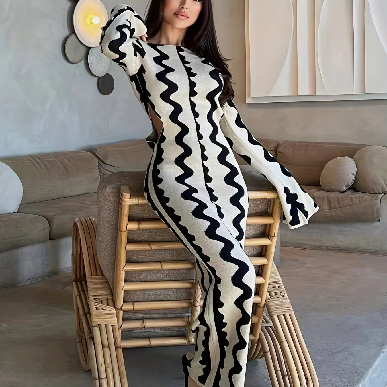 Striped Bodycon Sweater Flare Long Sleeve Dress, Cut Out Long Sleeve Casual Dress, Women's Clothing - Deanwangkt