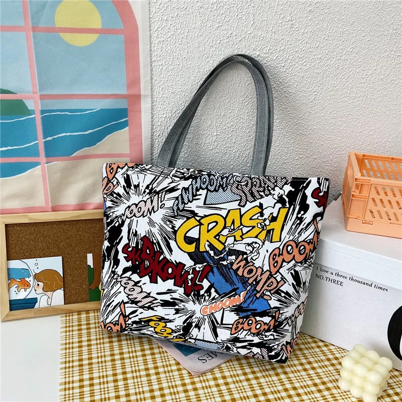 deanwangkt Fashion Folding Women Big Size Handbag Tote Ladies Casual Flower Printing Canvas Graffiti Shoulder Bag Beach Bolsa Feminina - Deanwangkt