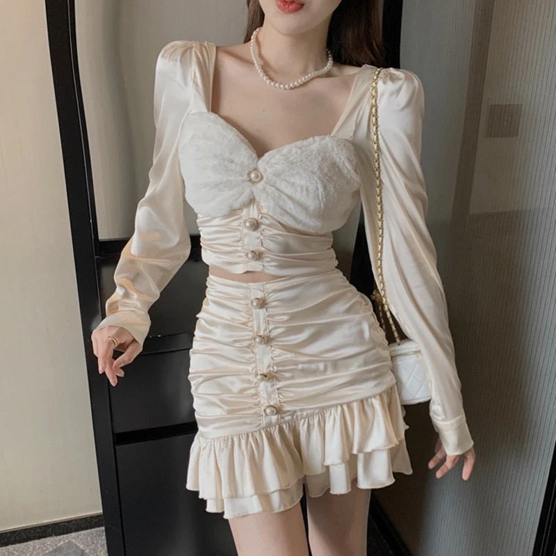 Fall Korean Sweet Two Piece Set Women Sexy Mink Velvet Patchwork Crop Top + Bodycon Skirts Sets Super-Short Shirt 2 Piece Suits  Fairy Dress - Deanwangkt