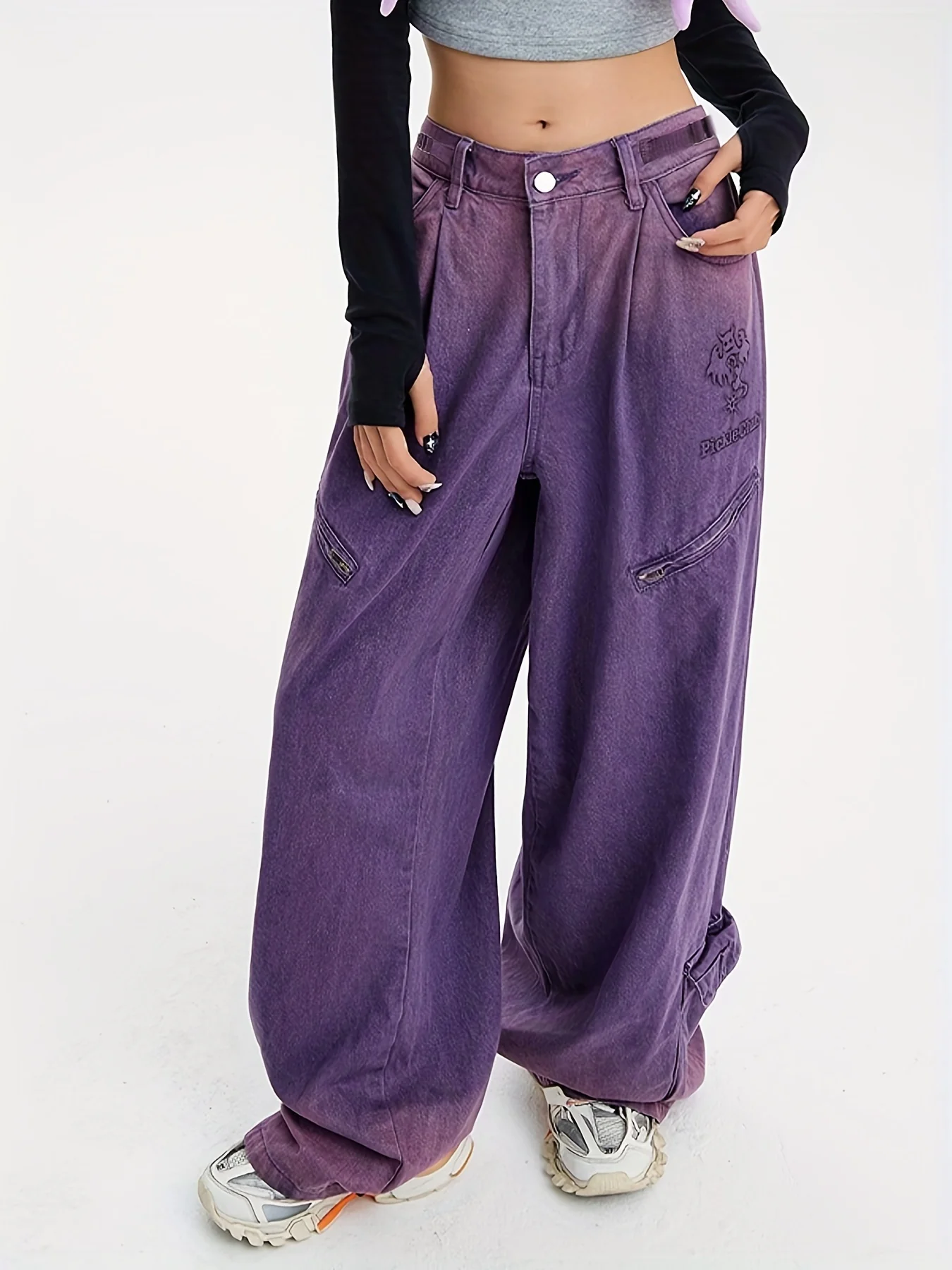 deanwangkt  Star & Ghost Pattern Baggy Jeans, Loose Fit Ombre Chic Wide Legs Jeans, Women's Denim Jeans & Clothing - Deanwangkt