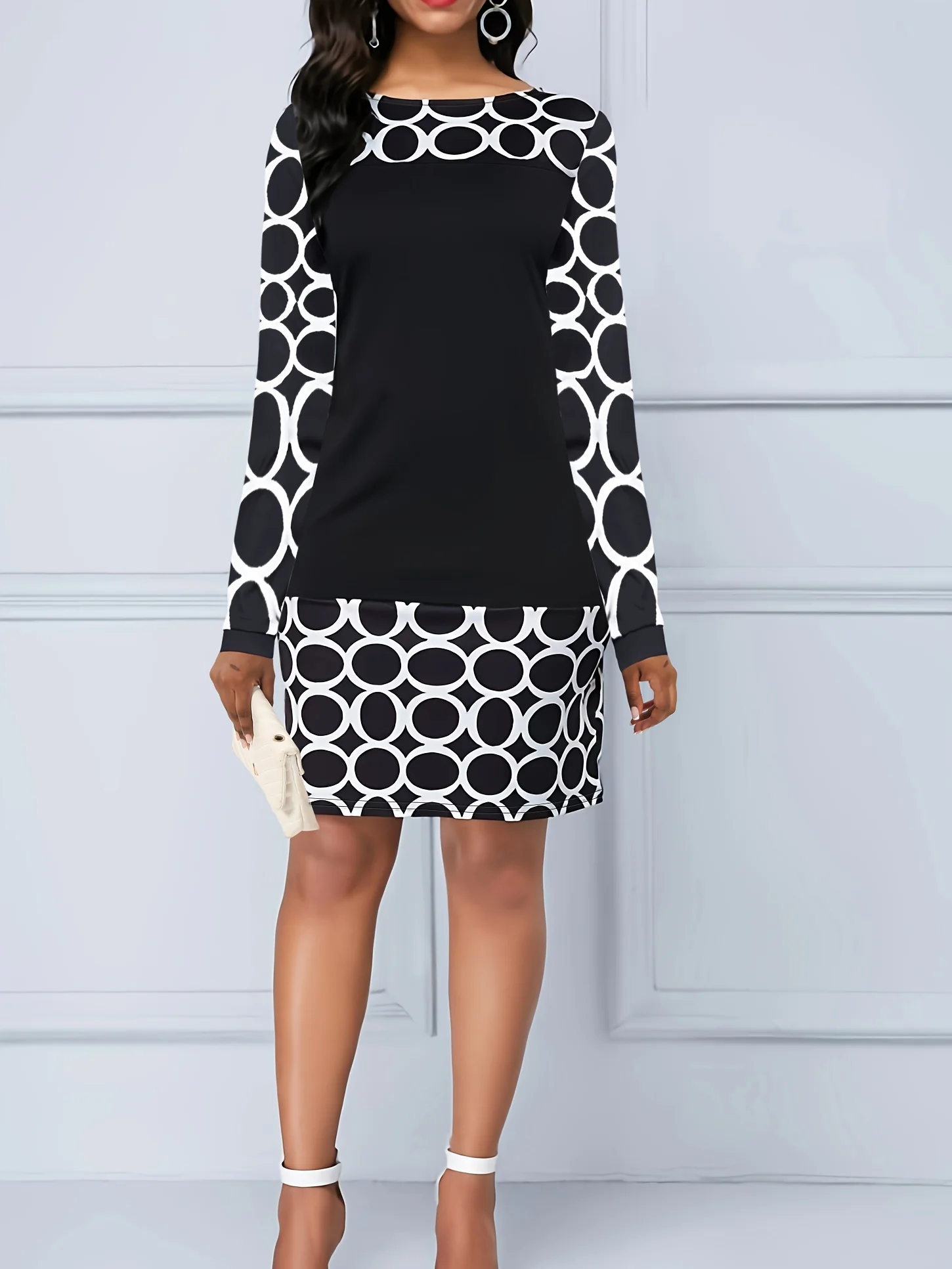 Geo Print Long Sleeve Dress, Elegant Boat Neck Mini Dress, Women's Clothing - Deanwangkt