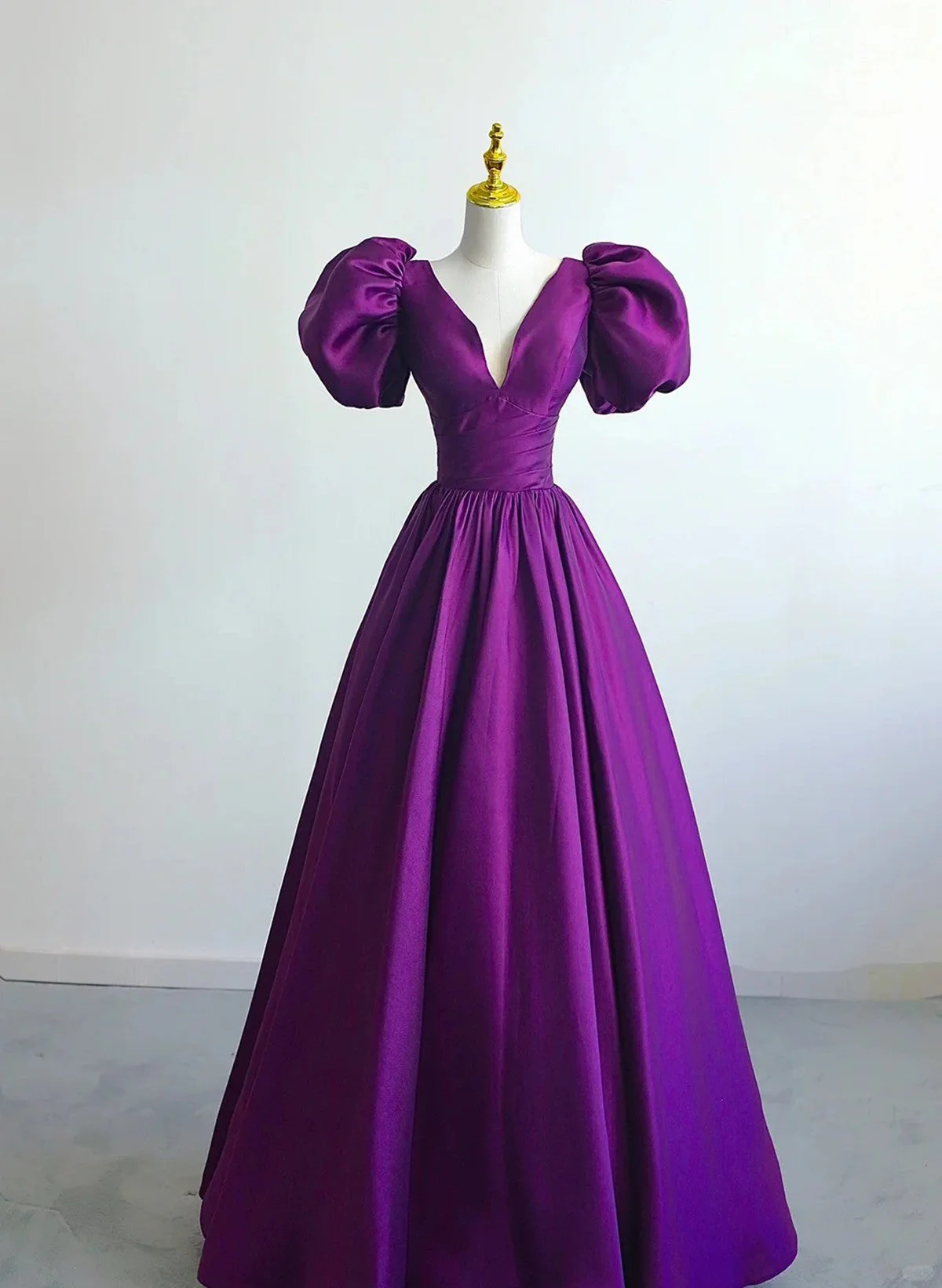 Solvbao Purple Satin Short Sleeves V-neckline Prom Dress, Purple Satin Evening Dress - Deanwangkt