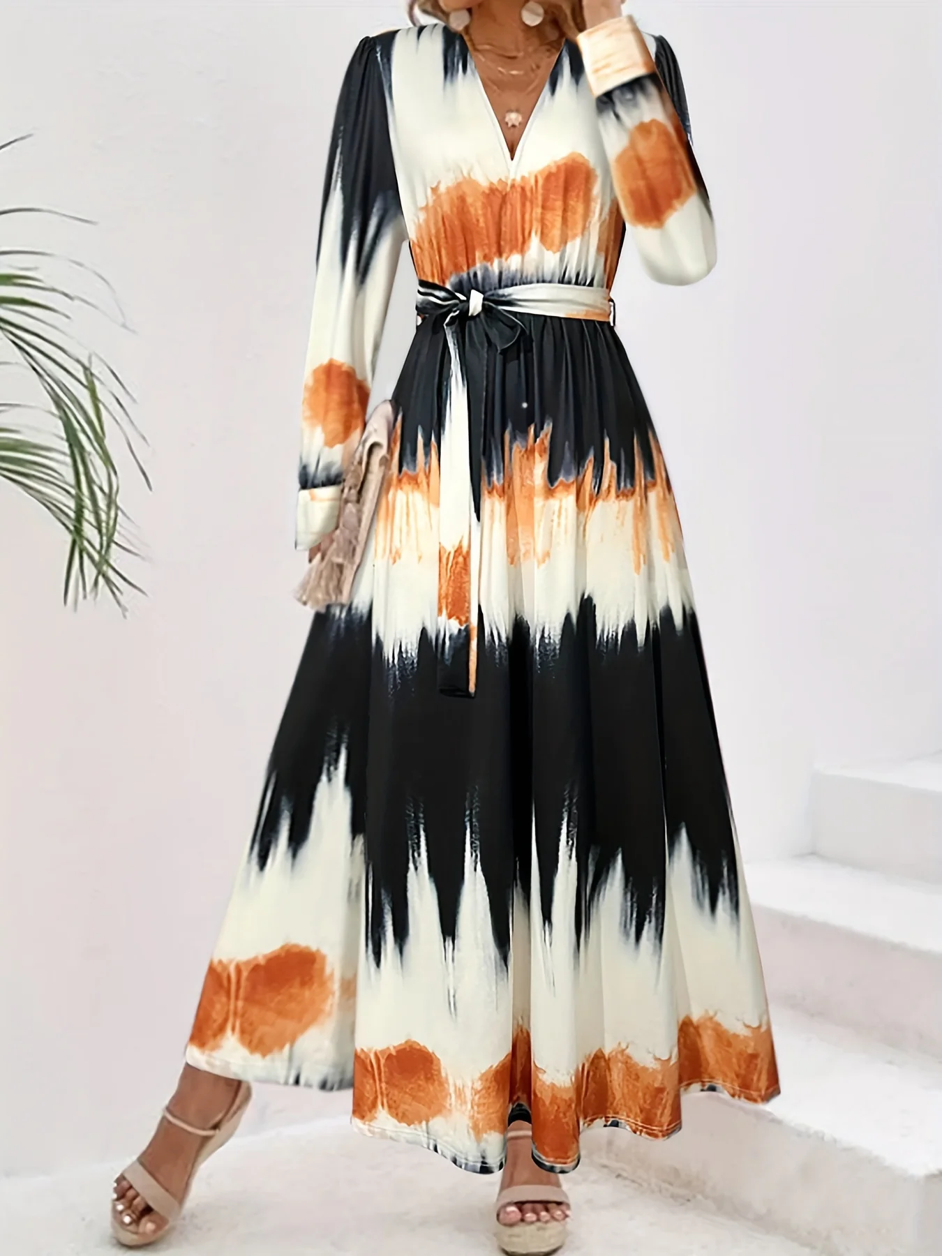 Gradient Print Cuff Sleeve Dress, Casual V Neck Tie-waist Dress For Spring & Fall, Women's Clothing - Deanwangkt