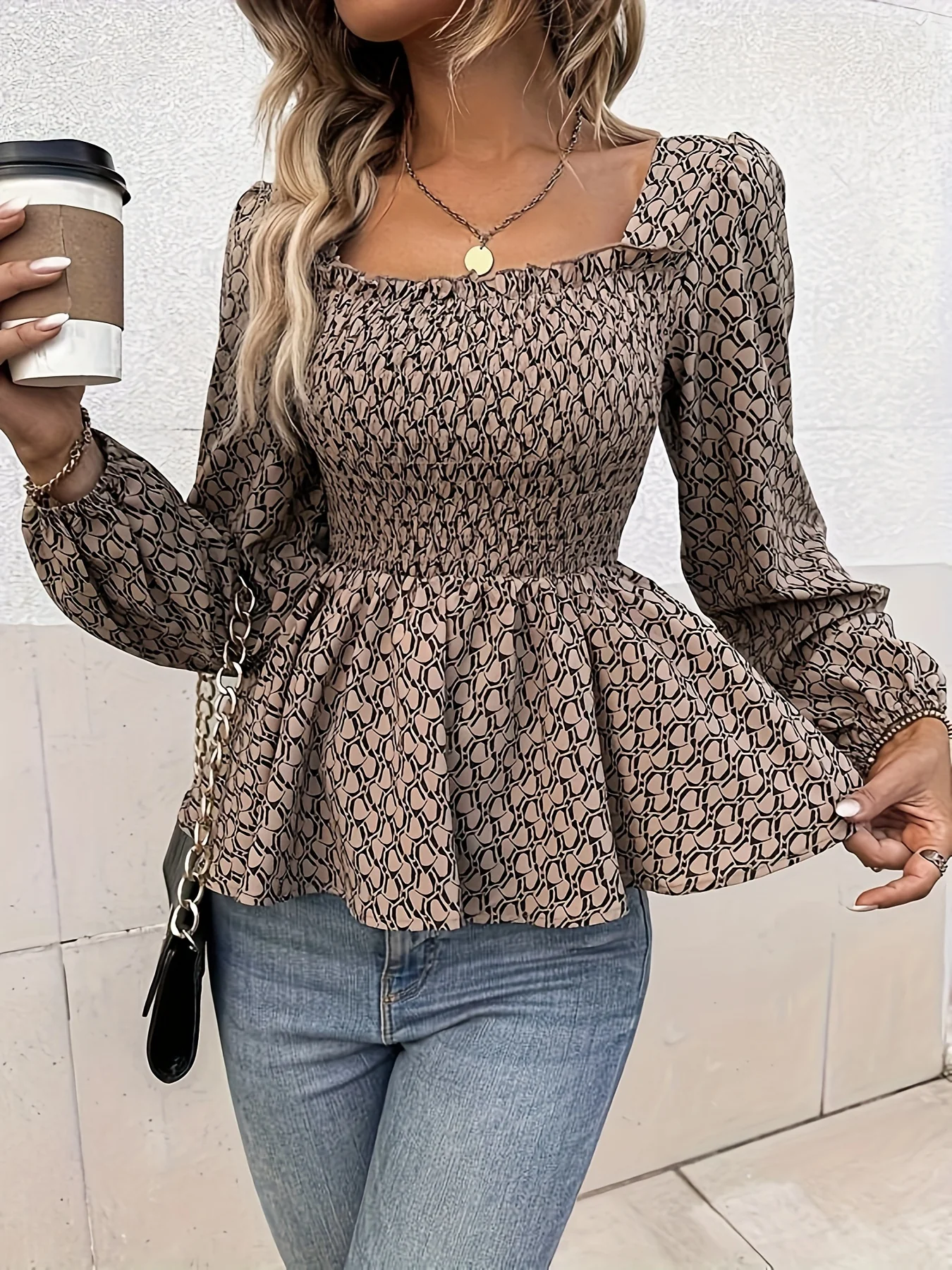 All Over Print Square Neck Blouse, Casual Long Sleeve Blouse For Spring & Fall, Women's Clothing - Deanwangkt