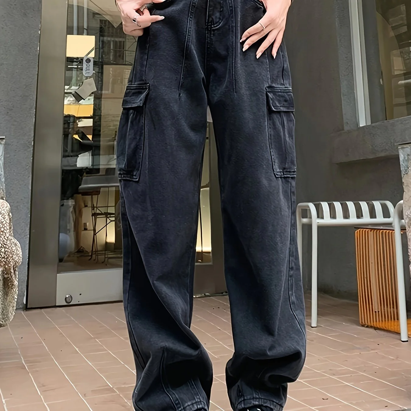 deanwangkt  Side Flap Pocket Plain Cargo Jeans, Loose Fit High Rise Y2K Kpop Denim Pants, Women's Denim Jeans & Clothing - Deanwangkt
