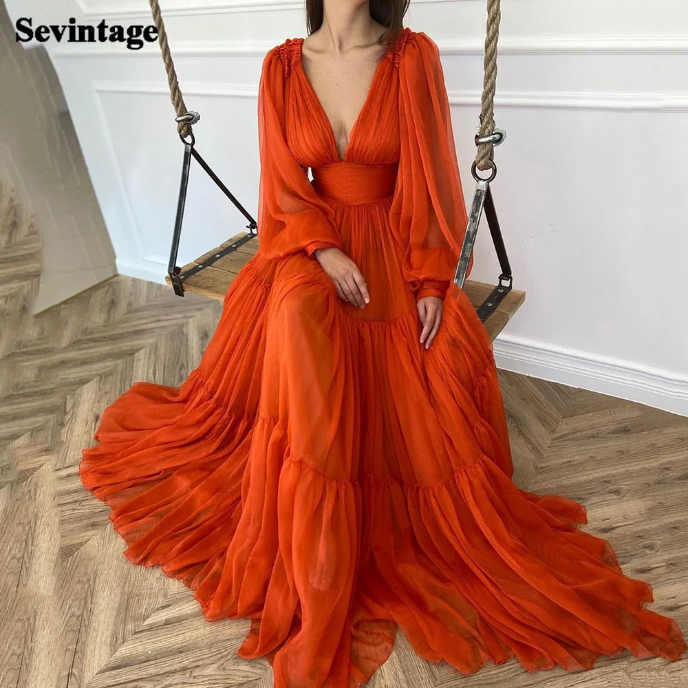 Sevintage Long Puff Sleeves Prom Dresses V-Neck Pleats Chiffon Princess Evening Gowns Women Party Dress Plus Size - Deanwangkt