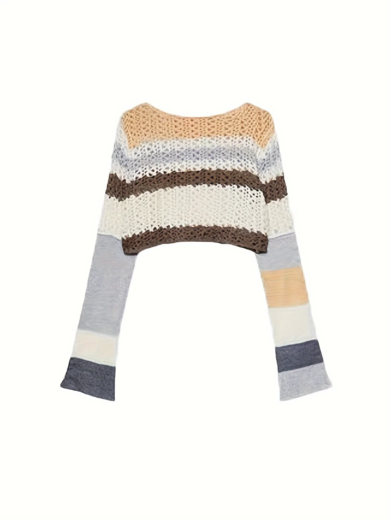 deanwangkt Colorful Striped Hollow Crochet Sweater, Casual Long Sleeve Crop Top For Spring & Fall, Women's Clothing - Deanwangkt