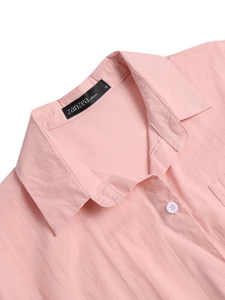 deanwangkt Women Flowers Embroidery Plain Lapel Long Sleeve Side Split Casual Blouse - Deanwangkt