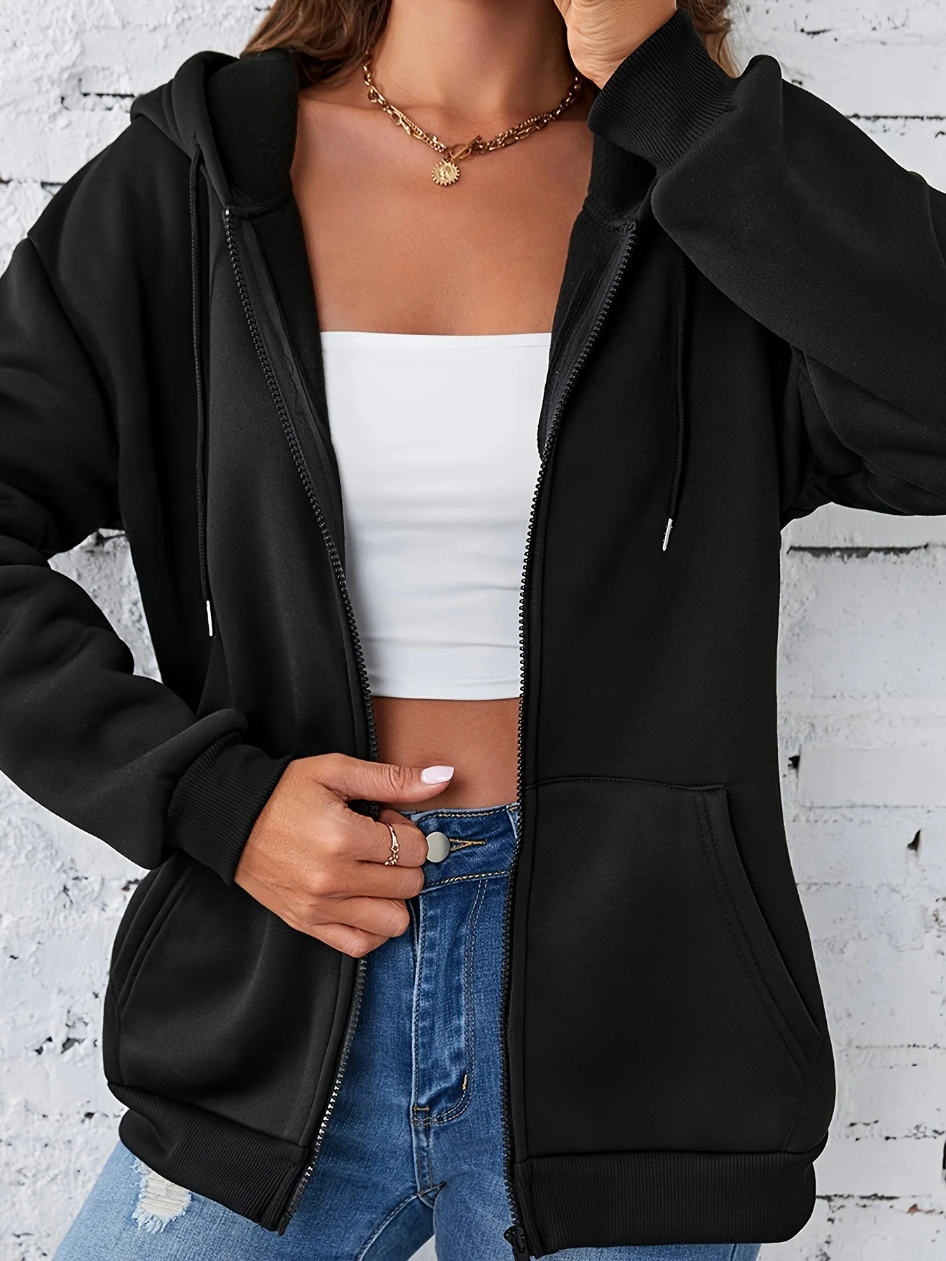 deanwangkt-1  Plain Long Sleeves Hooded Sweatshirt Jacket, Full Zipper Long Sleeves Fleece Liner Sporty Coat, Women's Activewear - Deanwangkt