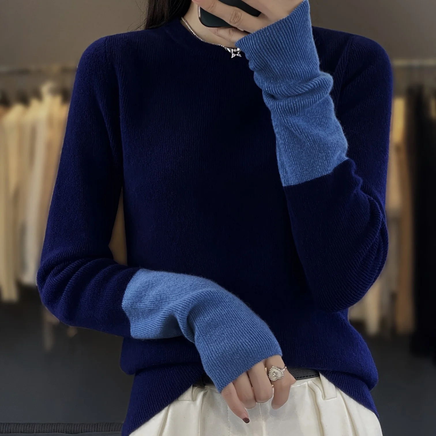 Color Block Crew Neck Pullover Sweater, Elegant Long Sleeve Slim Sweater, Women's Clothing - Deanwangkt