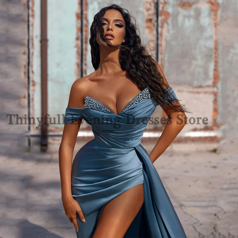 Sexy Prom Dresses  Off Shoulder Mermaid Evening Dress Side Slit Beading Saudi Arabia Cocktail Party Gown Plus Size - Deanwangkt