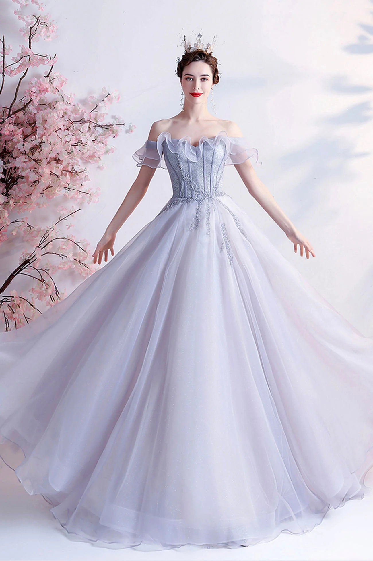 solvbao Gray Tulle Off the Shoulder Prom Dress, A-Line Evening Dress - Deanwangkt