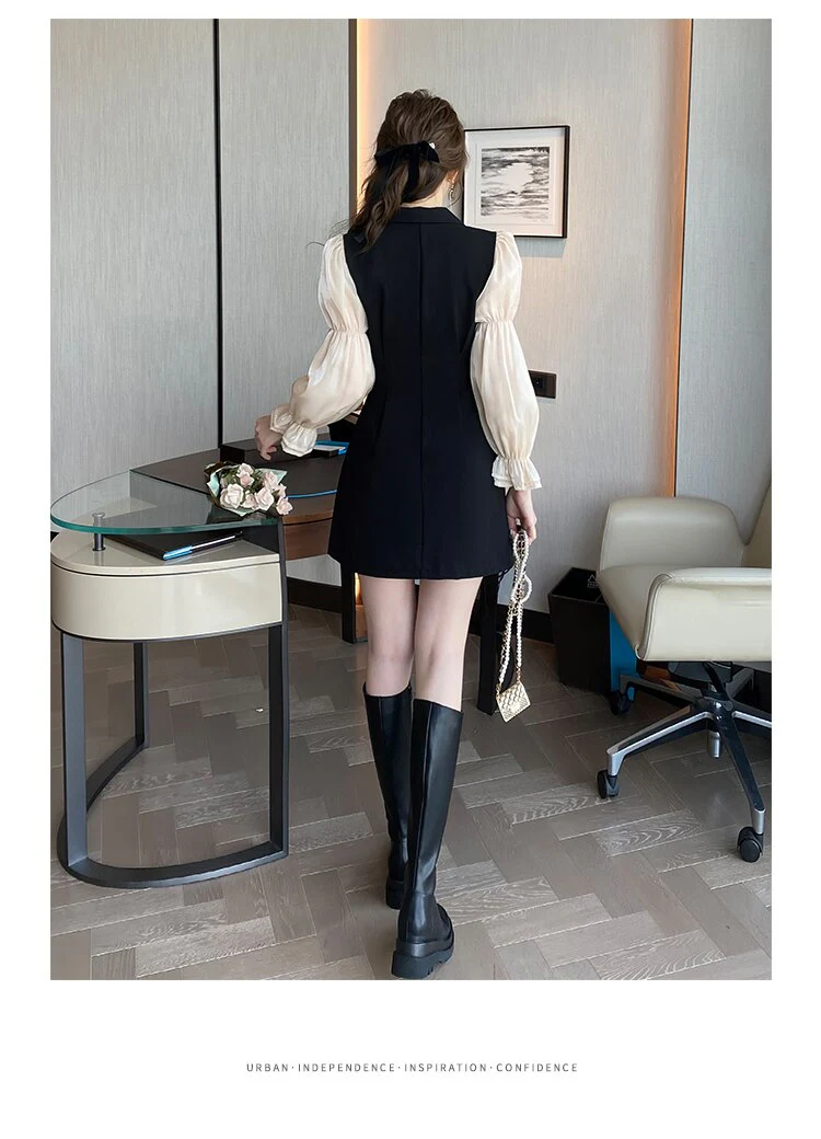 deanwangkt Korean Black Patchwork Short Dresses Women  Autumn New Fashion Slim Office Lady Notched Collar Long Sleeves Female Clothing - Deanwangkt