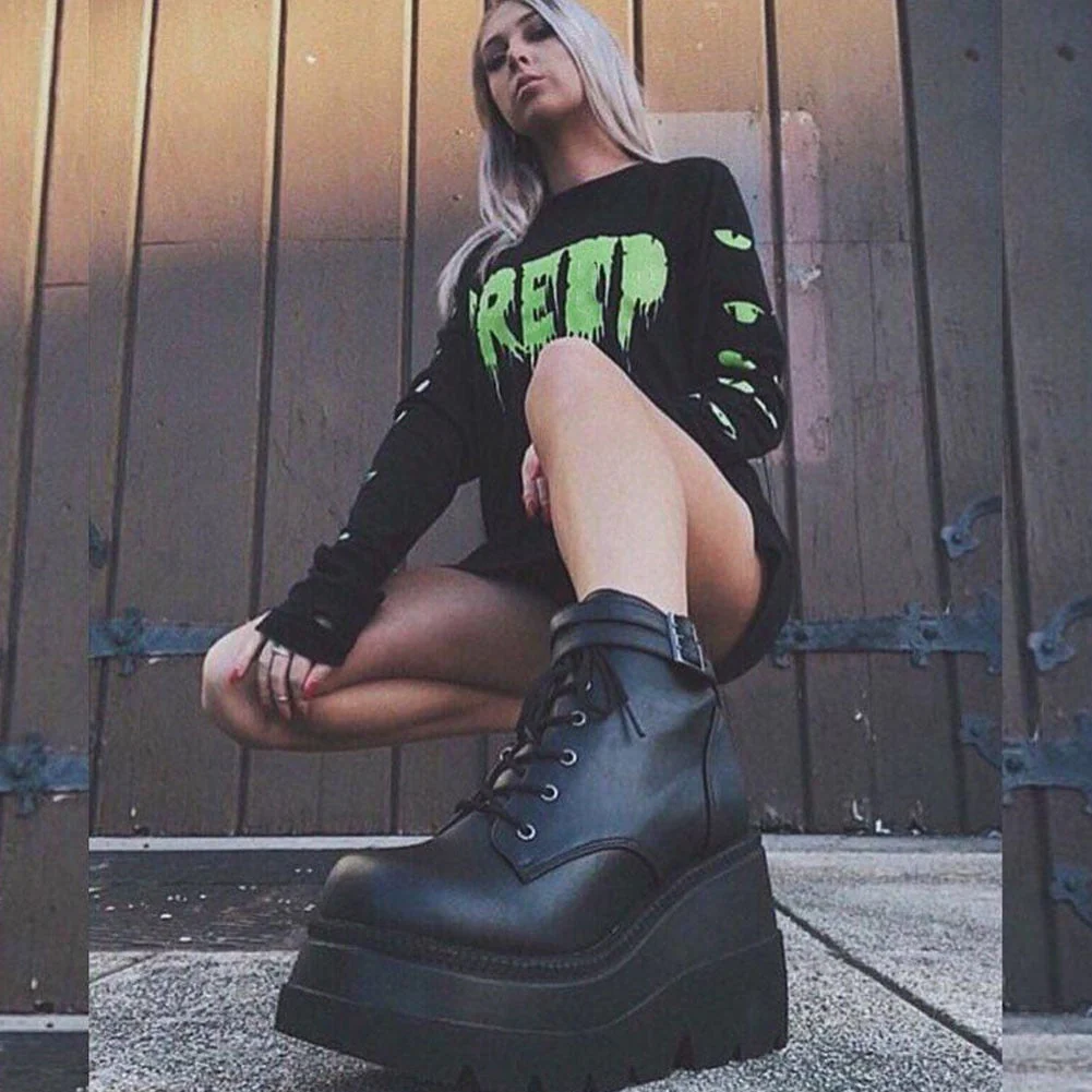 DEANWANGKT Big Size 35-43 Brand New Women's Wedges High Heels Boots  Fashion Zip High Platform Ankle Boots Women Party Goth Shoes Woman - Deanwangkt