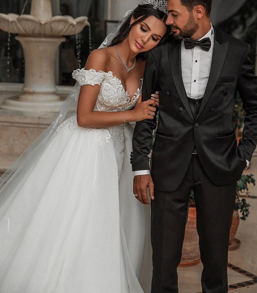 deanwangkt Wedding Dresses Vestido De Noiva  Ball Gown V-neck Tulle Lace Crystal Beaded Elegant Wedding Gown Custom Made - Deanwangkt
