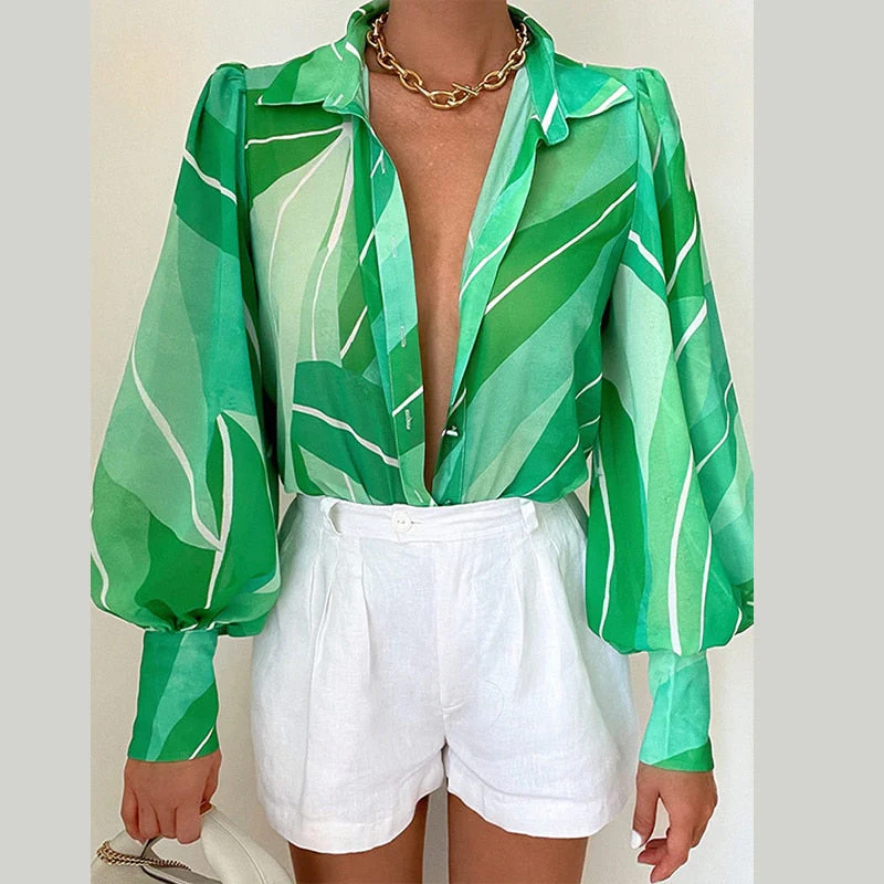 deanwangkt Women's Floral Print Puff Sleeve Shirt Female Elegant Casual V Neck Shirts Spring Summer Fashion Office Ladies Tops Blouses - Deanwangkt