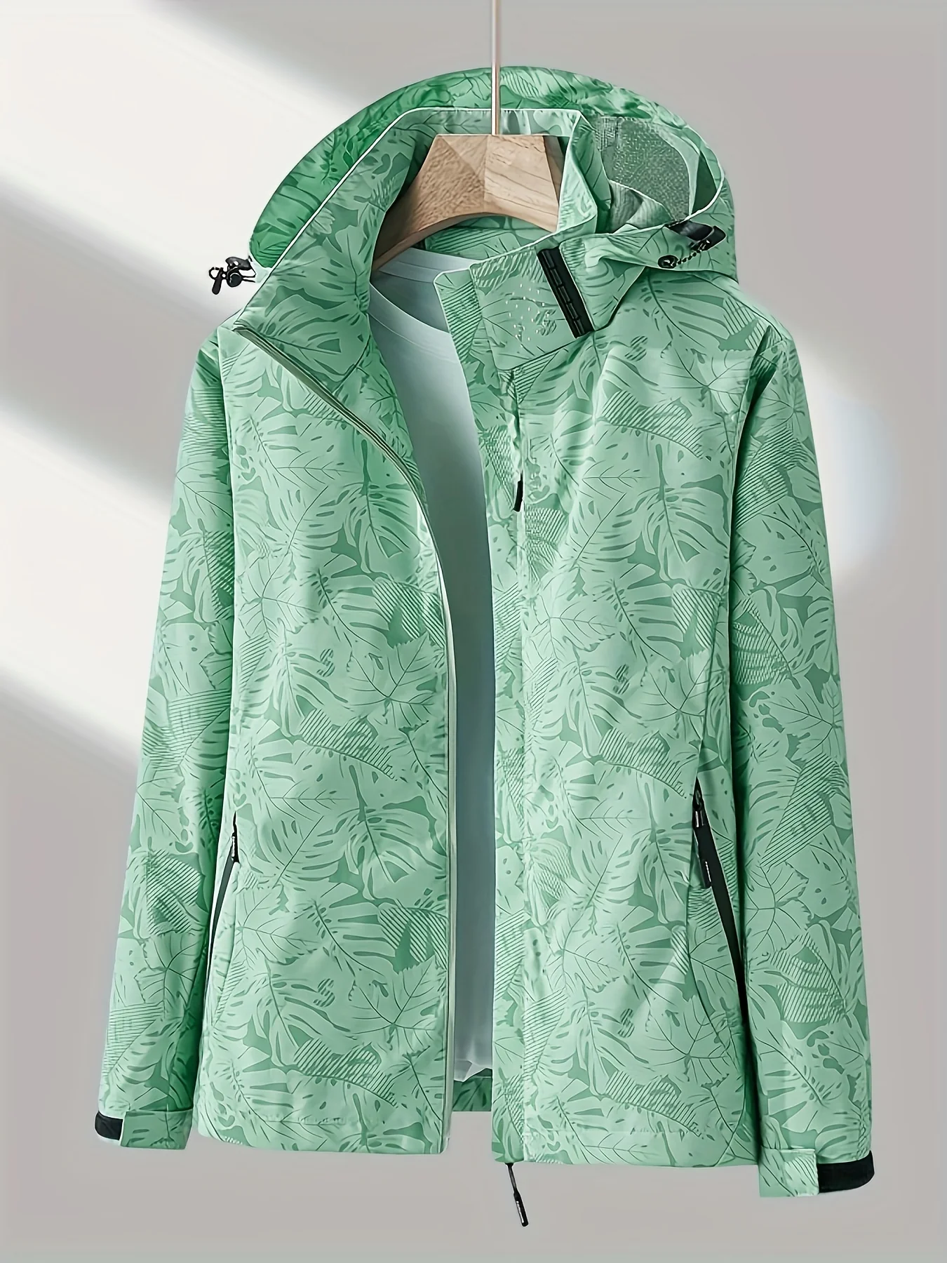Leaf Print Outdoor Jacket With Removable Hood, Women's Windproof & Rainproof Jacket, Women's Outdoor Clothing - Deanwangkt