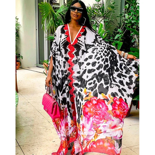 deanwangkt Over Size Bohemian Dress Chiffon Beach Cover up V neck Leopard Print Beachwear Summer Dress Robe Plage Swimsuit Cover up - Deanwangkt