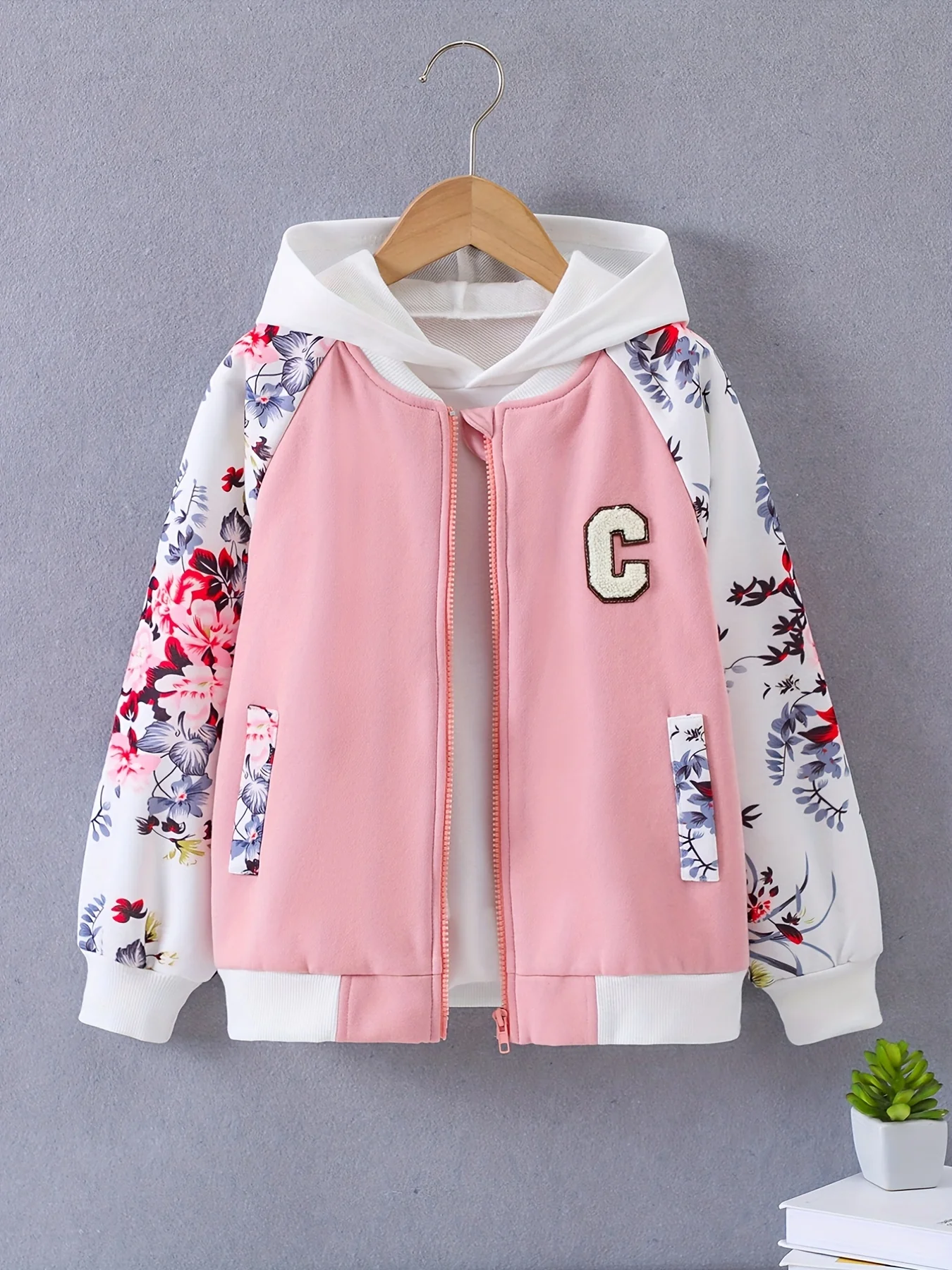 Girls Zip Jacket Floral Print Long Sleeve Fleece Warm Jacket Coat For Kids Teens Autumn And Winter - Deanwangkt