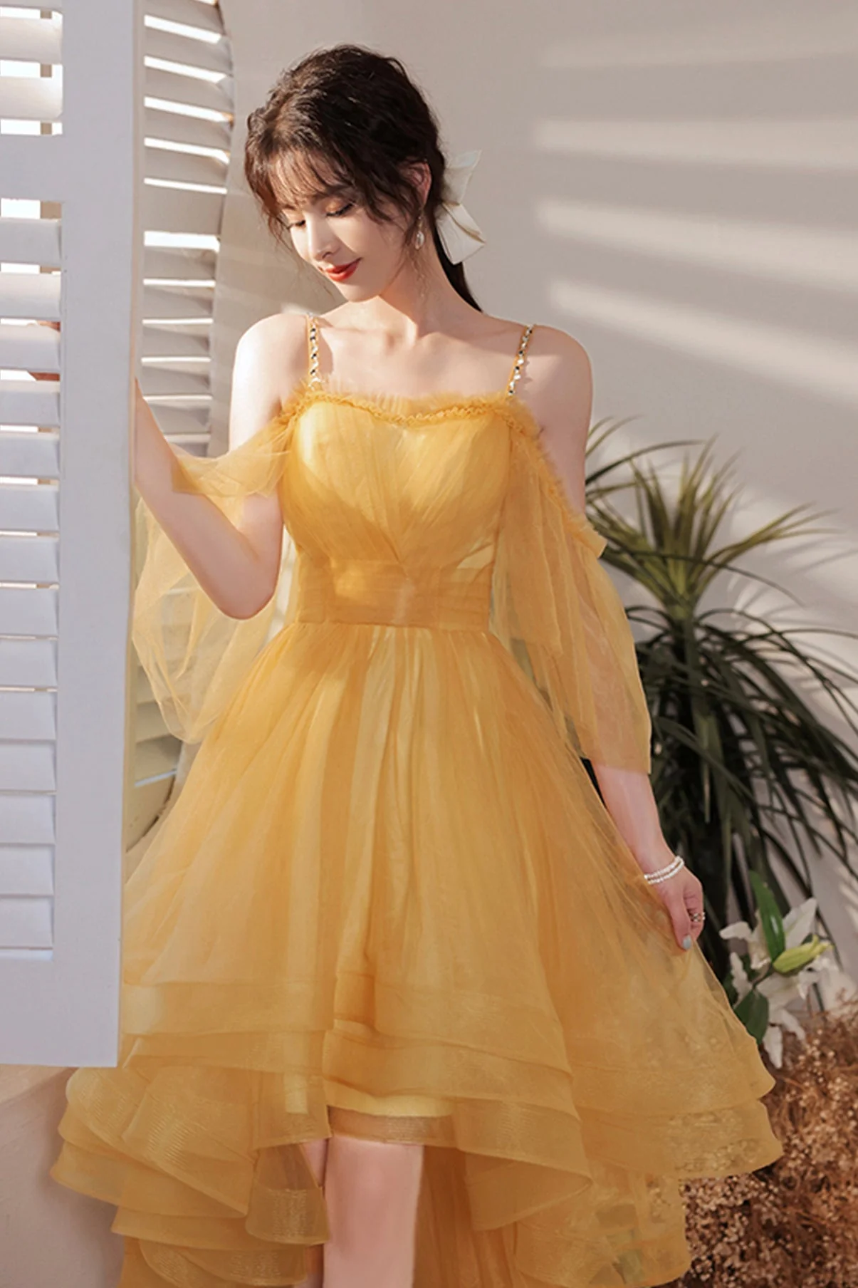 solvbao Yellow Tulle High Low Prom Dresses, A-Line Evening Dresses - Deanwangkt
