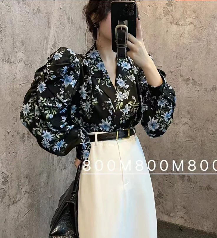 deanwangkt  Elegant Print Puffed Sleeve Blouse Top Autumn Womens Turn-Down Collars Half Sleeve Tie Dye Blouses Shirt Outwears - Deanwangkt