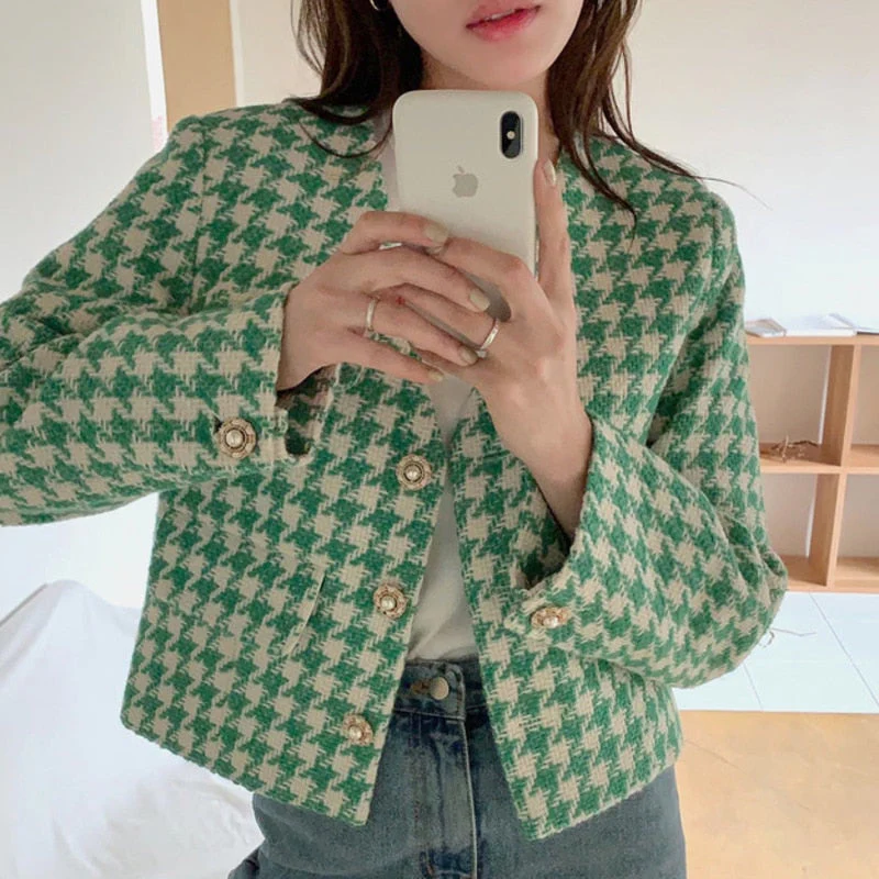 deanwangkt New Women's Vintage Houndstooth Short Jackets Fall Korean Elegance V-neck Loose OL Cropped Female's Coats Casual Outwear Tops - Deanwangkt