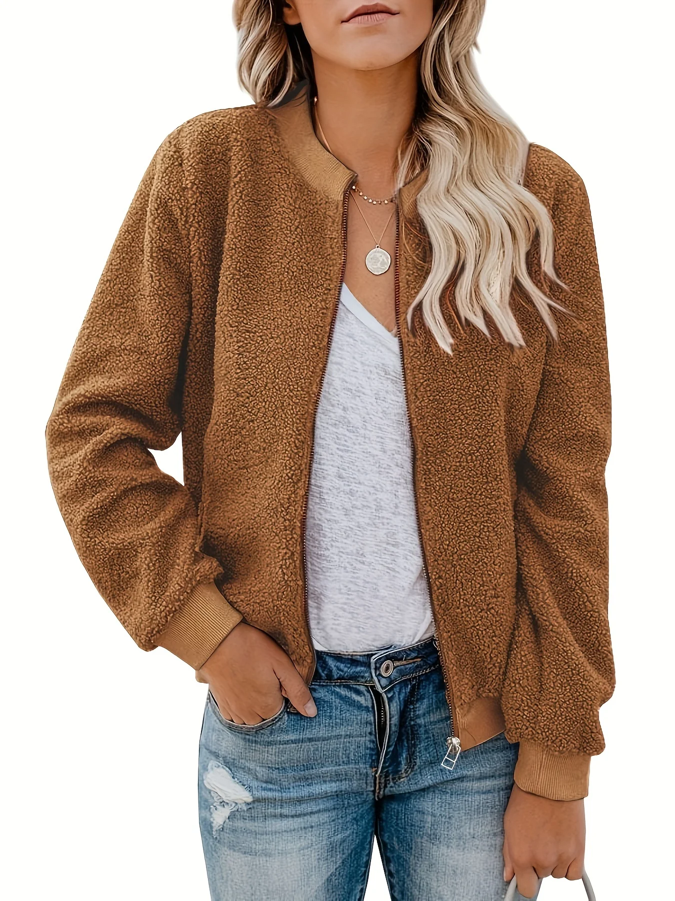 deanwangkt-1  Zip Up Fuzzy Jacket, Casual Long Sleeve Solid Versatile Outerwear, Women's Clothing - Deanwangkt