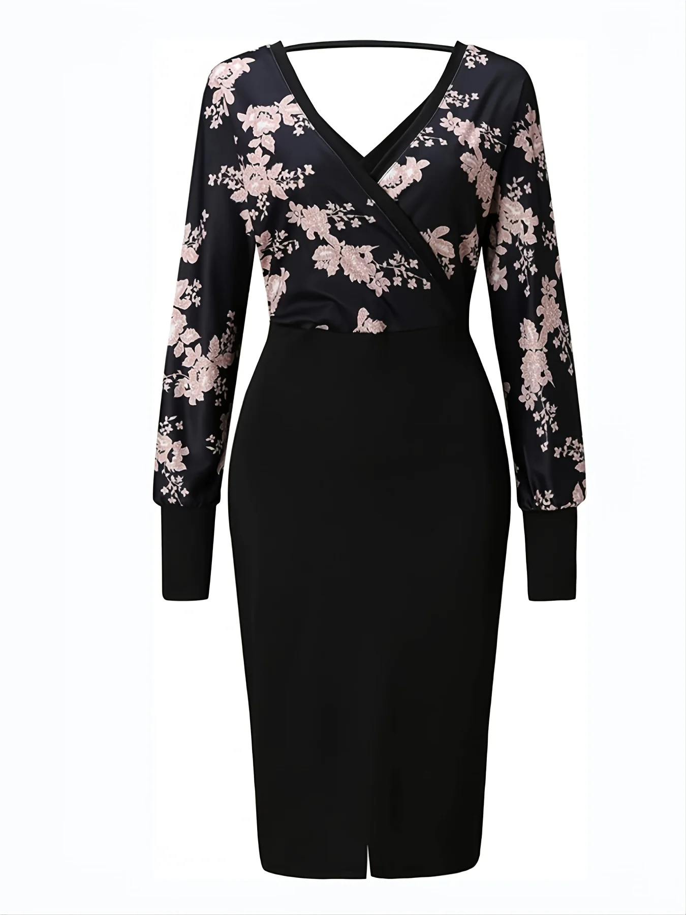 deanwangkt-1  Geometric Print Bodycon Dress, Long Sleeve Deep V-neck Backless Fall & Winter Medium Long Dresses, Women's Clothing - Deanwangkt