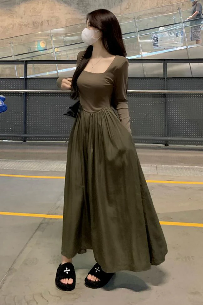 deanwangkt Spring  New Hepburn Style Gentle Temperament Pocket Waist Slim Panel Large Hemline Long Sleeve Dress - Deanwangkt