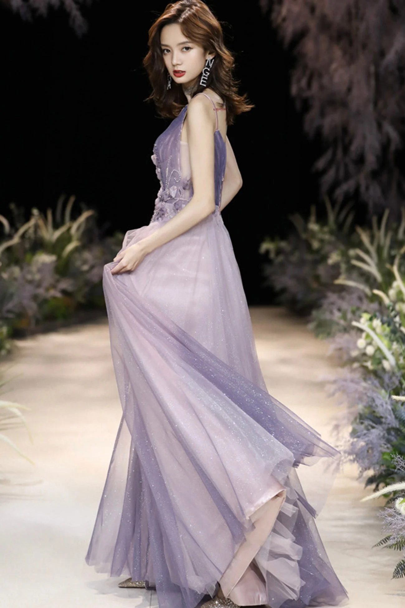 solvbao Purple V-Neck Tulle Long Prom Dresses, A-Line Evening Dresses - Deanwangkt