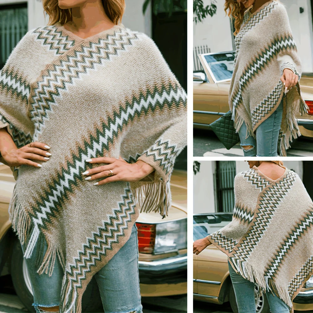 deanwangkt Boho Wave Stripes Knit Pullover Poncho Imitation Cashmere Thick Soft Warm Tassel Shawl Autumn Winter Travel Windproof Coldproof Cloak - Deanwangkt