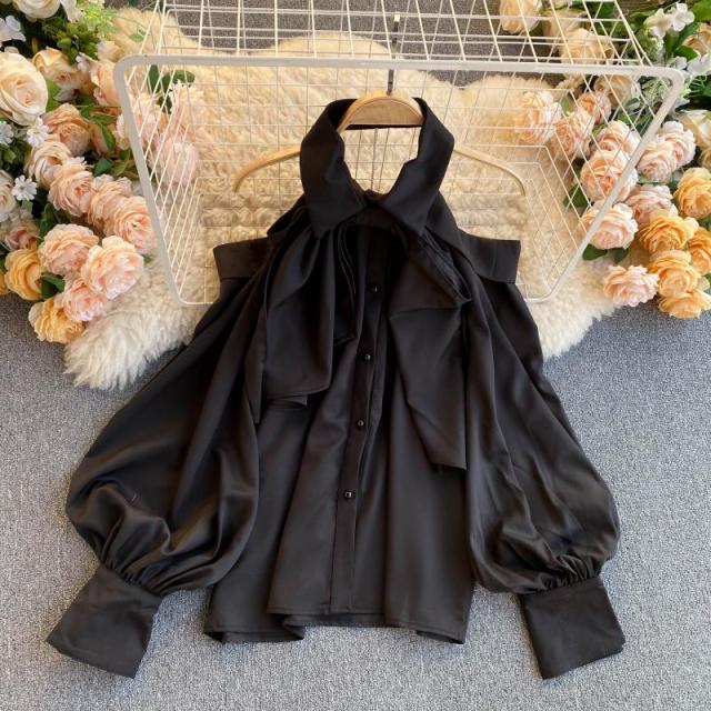 Spring Autumn New Blouse Women Halter Scheming Halter Shirt Bowknot Lapel Puff Sleeve Female Top C031 - Deanwangkt