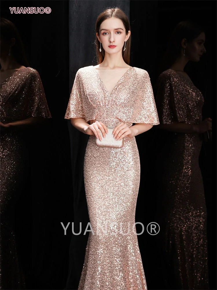 DEANWANGKT Golden Evening Dresses Mermaid Short Sleeves Sexy V Neck Evening Gown Elegant Glitter Bat Sleeves Formal Party Dress - Deanwangkt