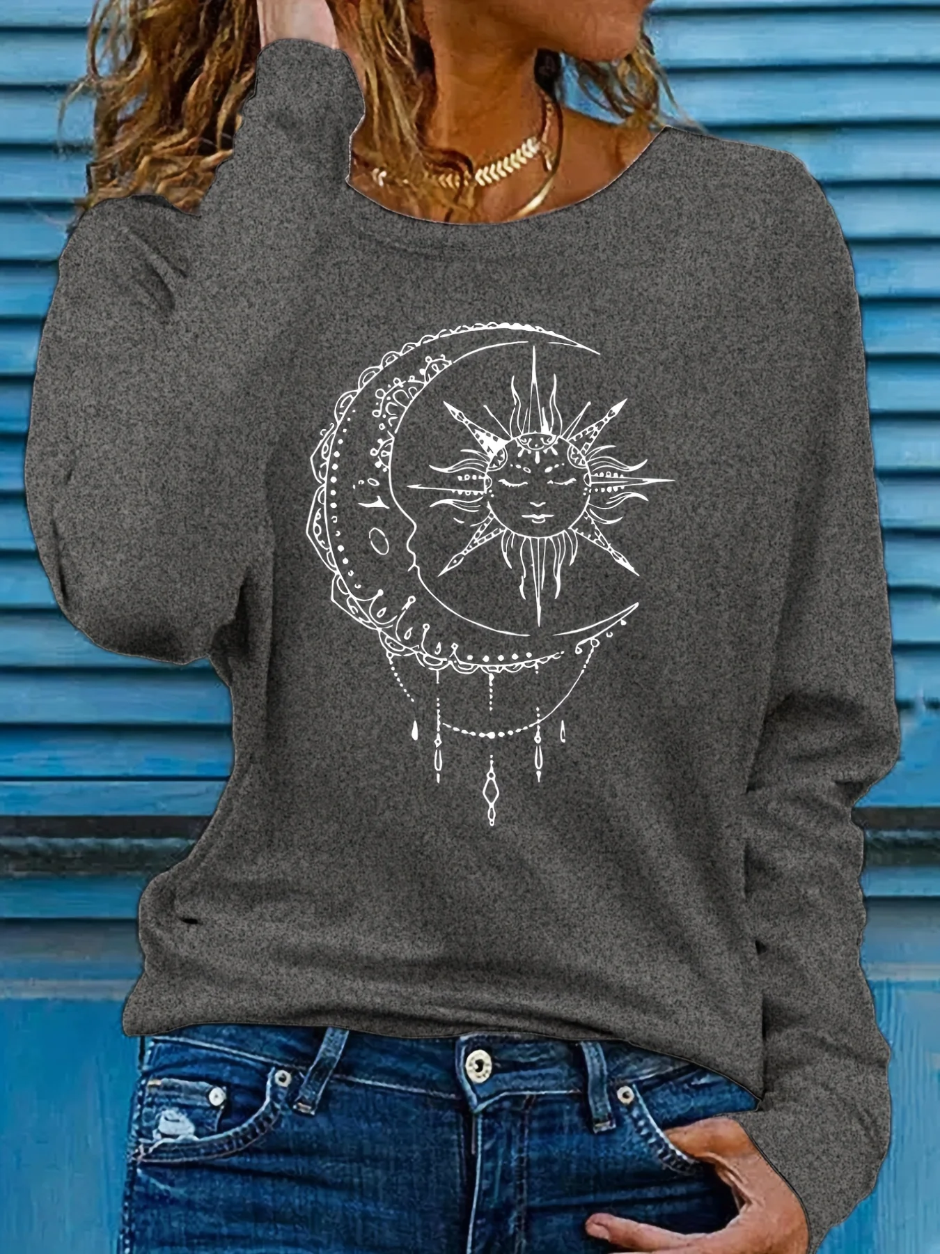 deanwangkt Sun & Moon Print Crew Neck T-shirt, Casual Long Sleeve T-shirt, Women's Clothing - Deanwangkt