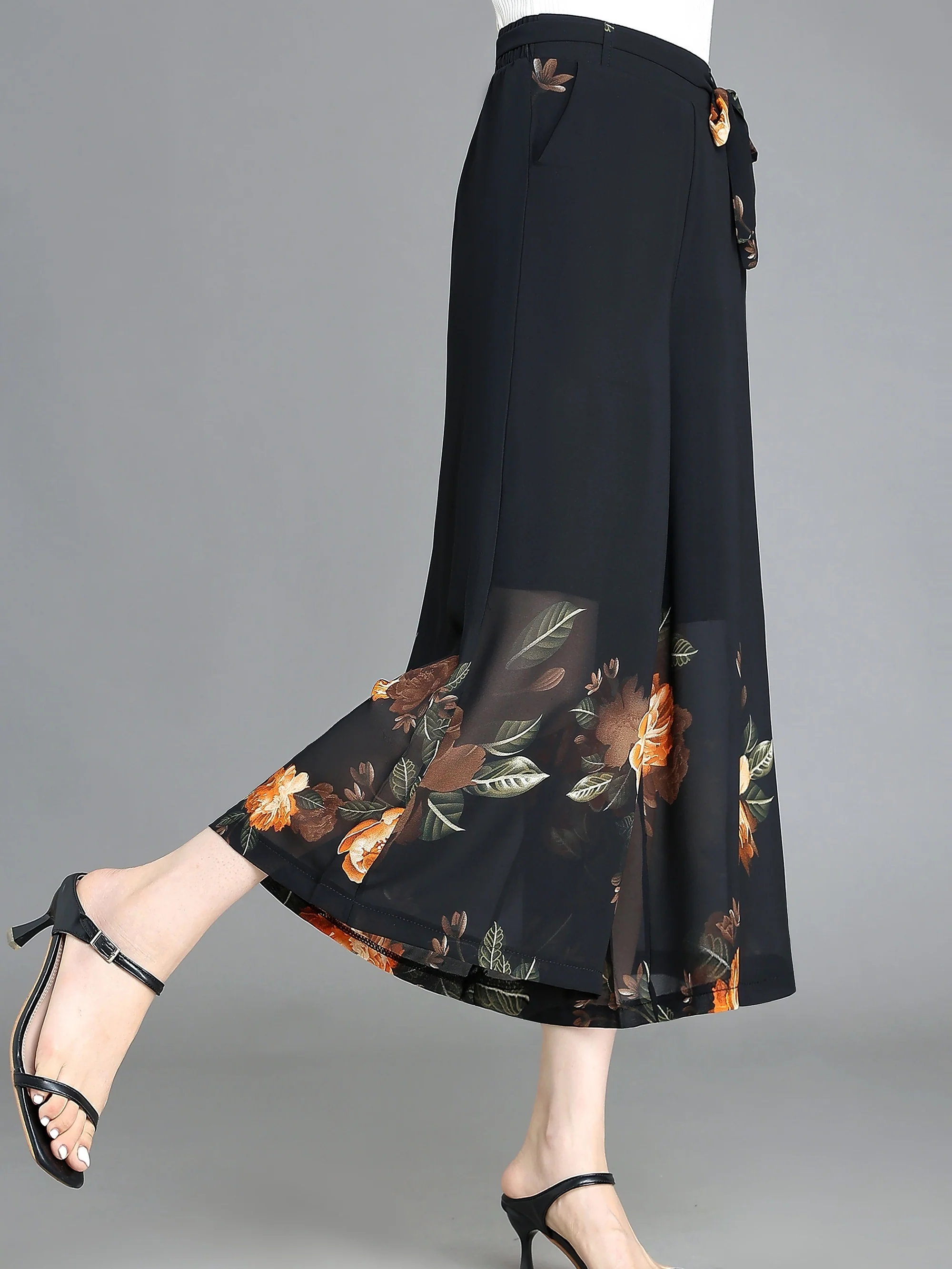 Floral Pattern Chiffon Cropped Wide Leg Pants, Casual Belted Pants For Spring & Summer, Women's Clothing - Deanwangkt