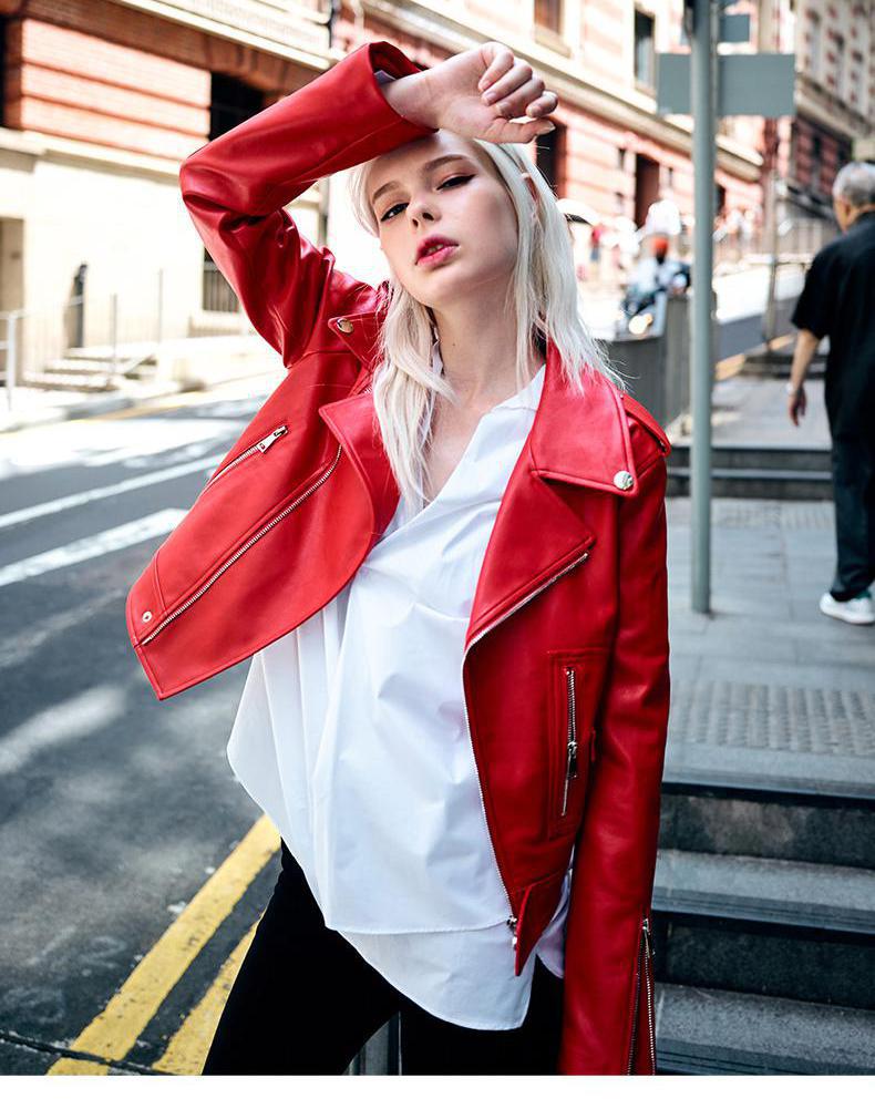 deanwangkt  Autumn Faux Leather Coat Women Red PU Leather Jacket Women Short Biker Jackets Turn Down Collar Slim Motorcycle Outwear - Deanwangkt