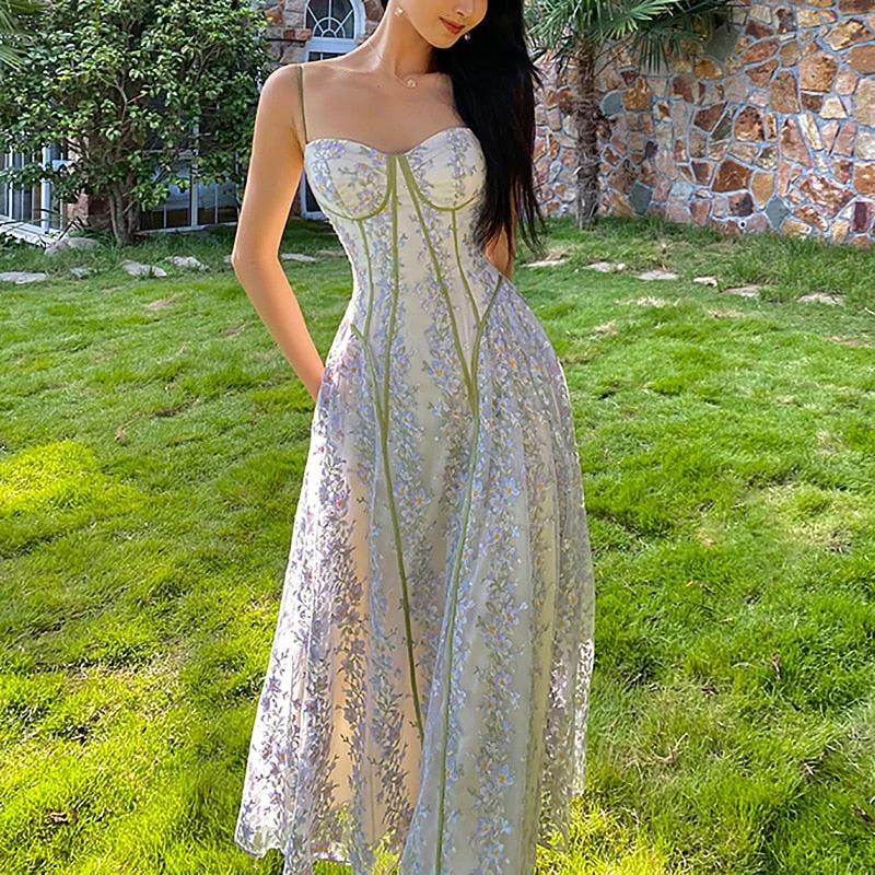 deanwangkt Fairy Dress Lace Floral Sling Dress Women's  Summer Spaghetti Strap Dress French Fairy Elegant Long Wrapped Chest Party Dresses Robe - Deanwangkt