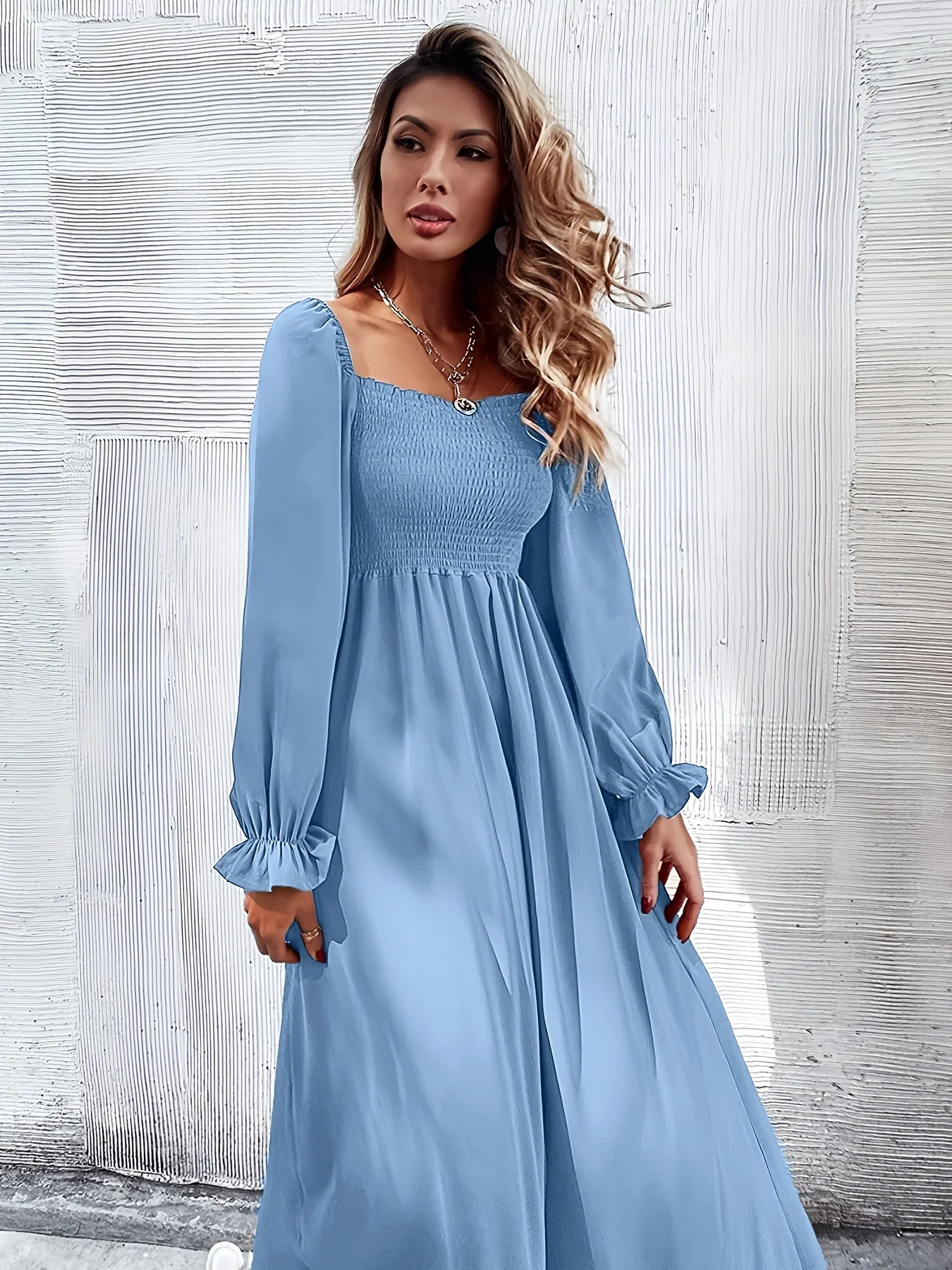 deanwangkt-1  Solid Squared Neck Dress, Casual Long Sleeve Ruffle Trim Shirred Maxi Dress, Women's Clothing - Deanwangkt