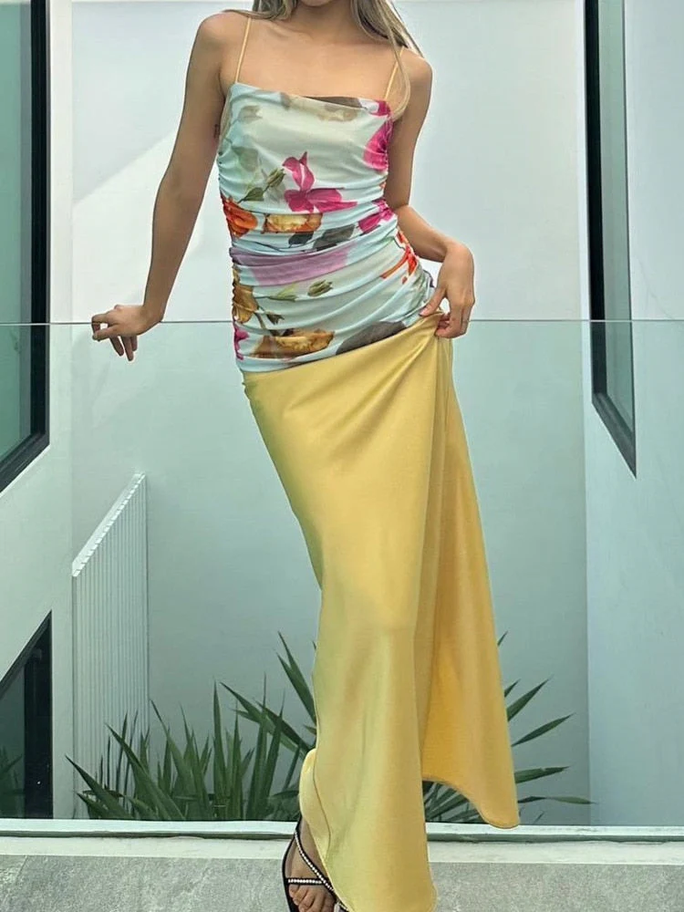 deanwangkt Women Summer Satin Slip Patchwork Mesh Maxi Dress Print Backless Off Shoulder For Women Outfits Beach Holiday Vestido - Deanwangkt