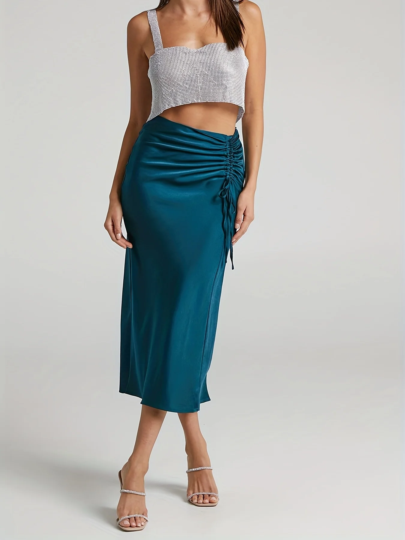 Solid Drawstring Ruched Skirt, Casual High Waist Skirt For Spring & Summer, Women's Clothing - Deanwangkt