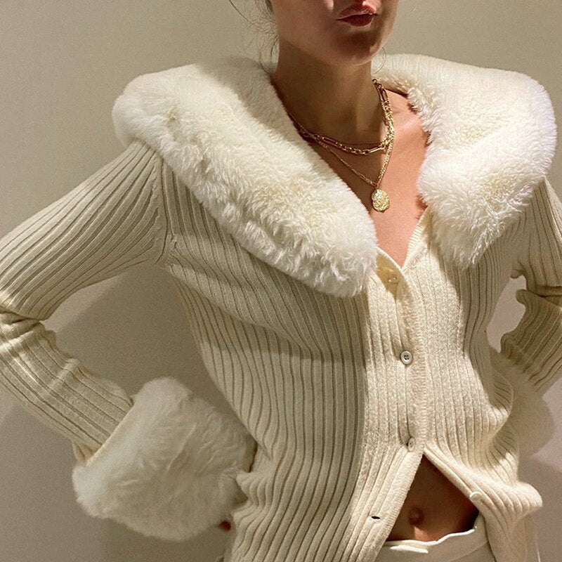 deanwangkt Fashion Fluffy Faux Fur Knitted Top Coats Women Autumn Winter Button Up Long Sleeve Warm Overcoats Casual High Street Jackets - Deanwangkt