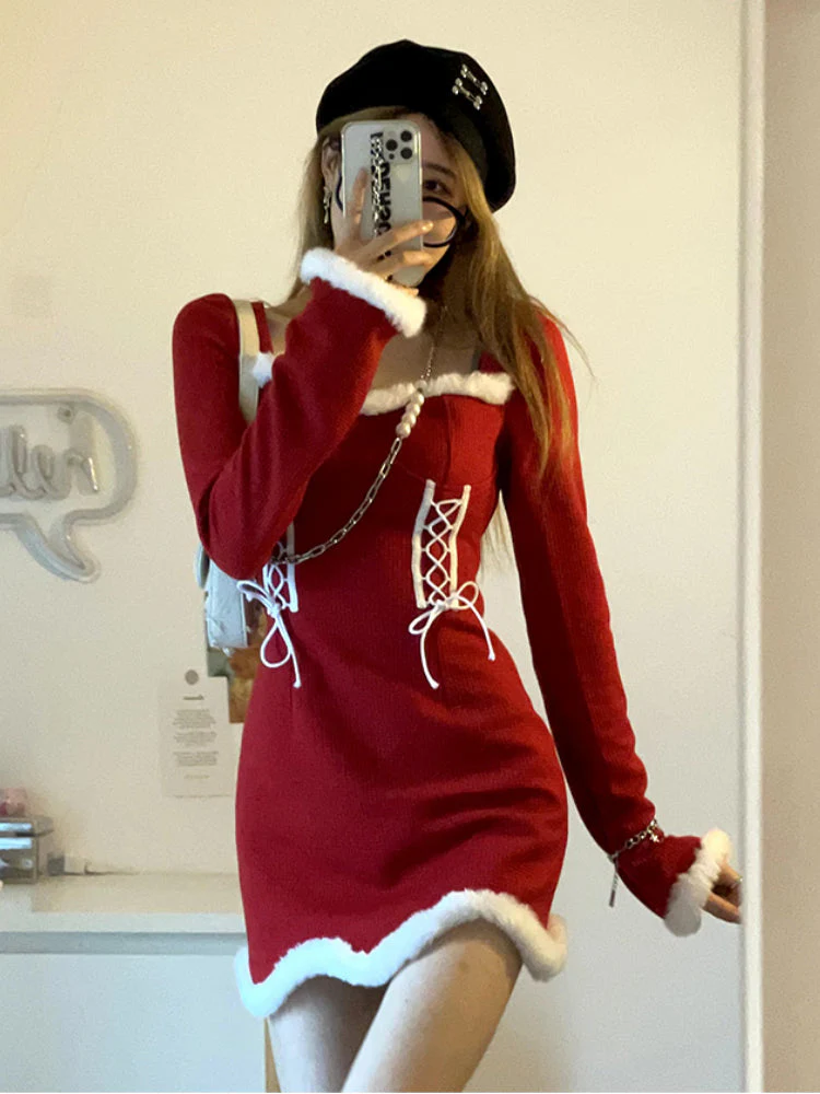 deanwangkt  Winter Sweet Christmas Dress Women Red Kawaii Lolita Party Mini Dresses Warm Korean Night Dresses Ladies Festival Clothing - Deanwangkt