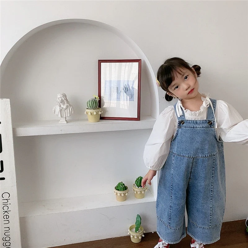 deanwangkt Korean style Spring Kids Children Oversized Wide Leg Denim Overalls Baby Clothes Boys Girls Loose All-match Casual Pants - Deanwangkt