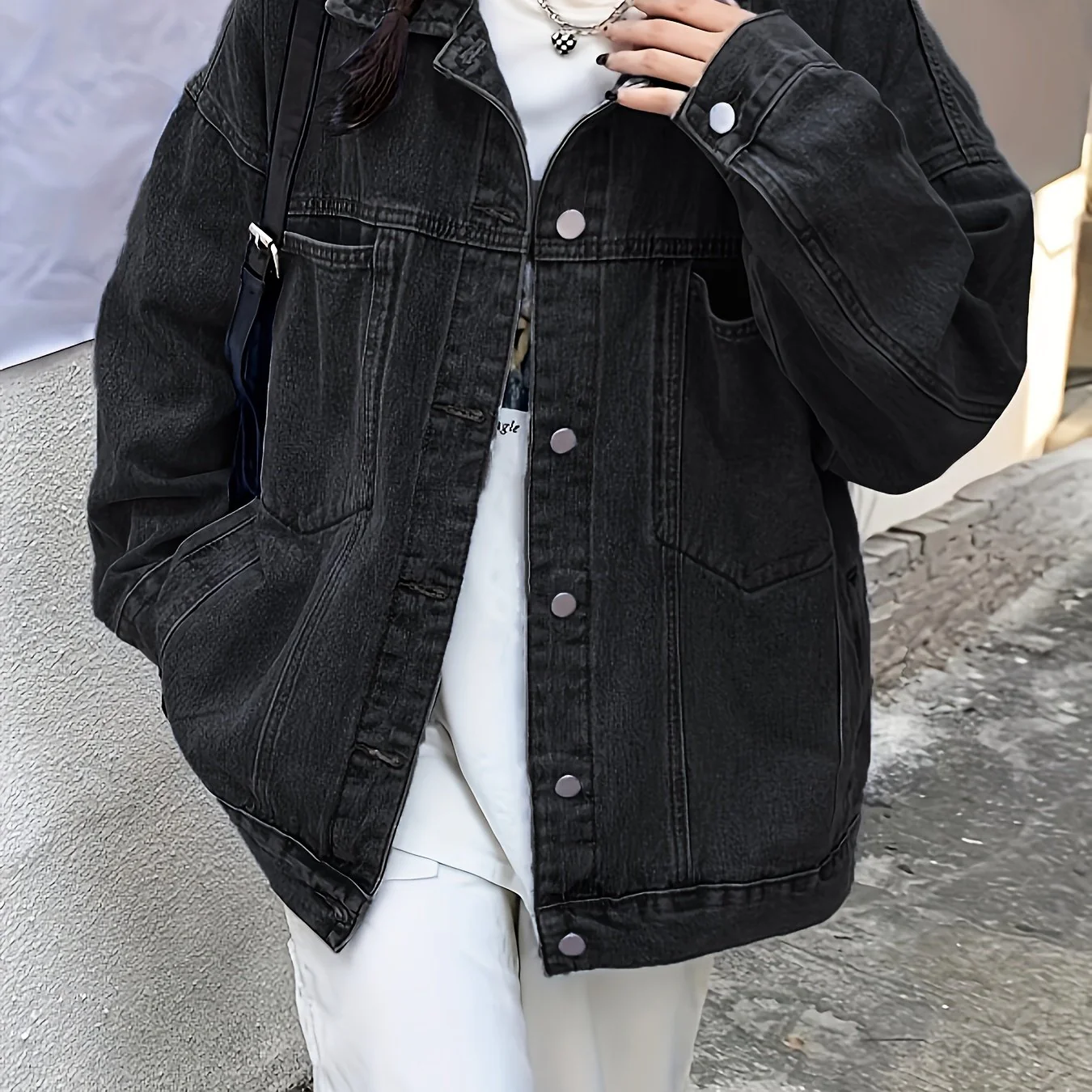 deanwangkt-1  Plain Loose Fit Denim Jackets, Patch Pockets Long Sleeves Lapel Versatile Denim Coats, Women's Denim Clothing - Deanwangkt