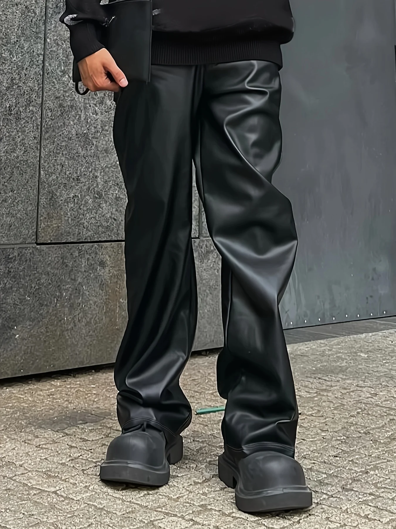 deanwangkt  Men's Casual Chic PU Leather Pants, Street Style Straight Leg Trousers - Deanwangkt